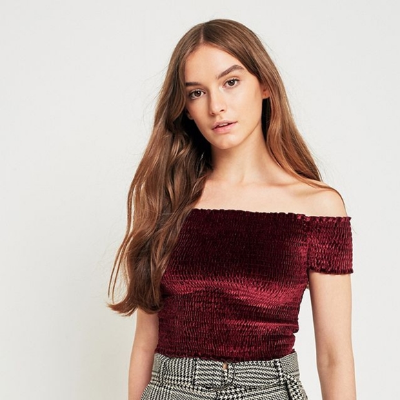 Urban Outfitters Tops - UO Light Before Dark Maroon Velvet Off-the-Shoulder Top